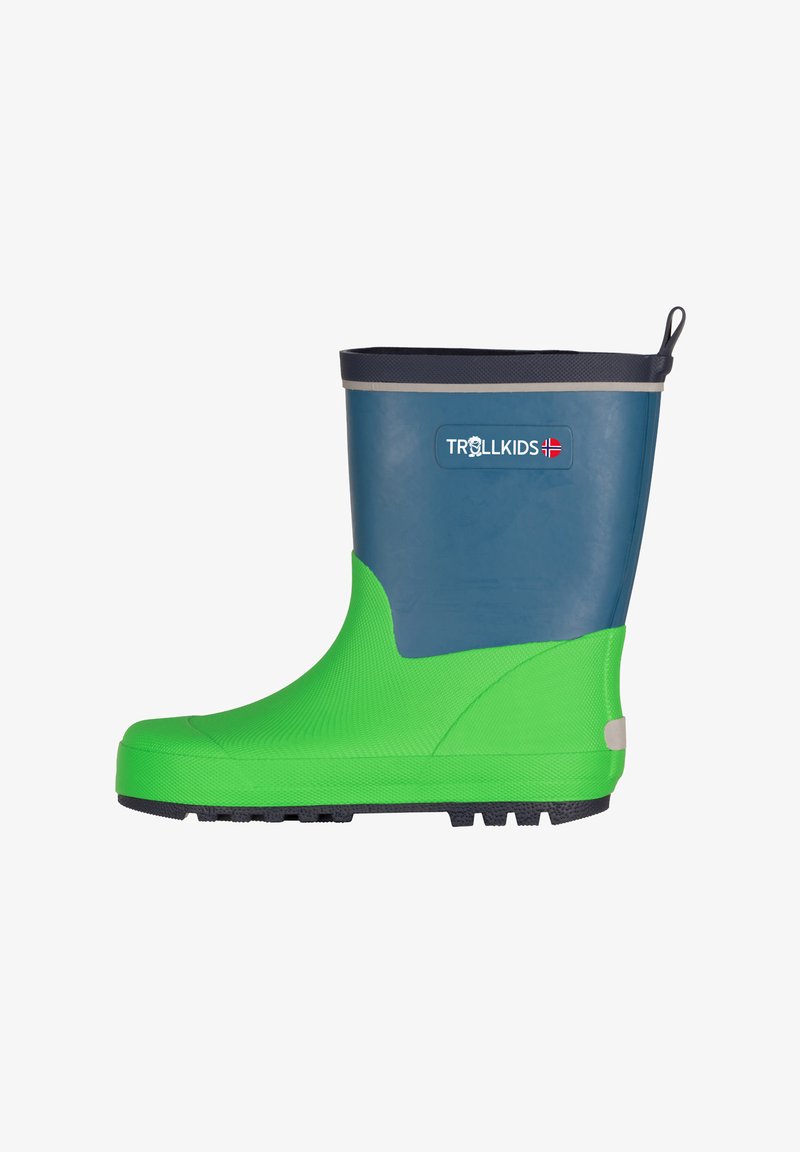 Παιδική βροχερή μπότες σε μπλε και πράσινο χρώμα με υφή στην σόλα και λογότυπο "Trollkids" που απεικονίζει μια μικρή νορβηγική σημαία.