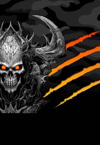 Design de crâne avec des cornes acérées et des yeux rouges brillants, sur fond abstrait noir. Des traces de griffes orange et jaune traversent l'image.