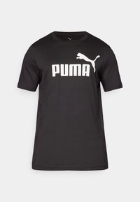 Sort bomulds t-shirt med et hvidt "PUMA" logo og en springende puma grafik på brystet. Korte ærmer og rund halsudskæring.