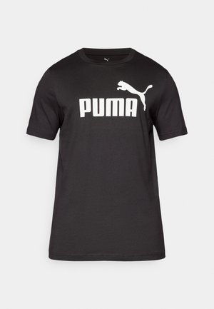 Zwarte katoenen t-shirt met een witte "PUMA" logo en een springende puma grafiek op de borst. Korte mouwen en een ronde halslijn.