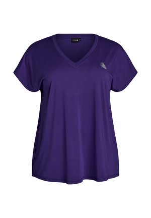 Paarse korte mouwen V-hals T-shirt met een klein wit driehoekig logo op de linkerborst, afgebeeld tegen een witte achtergrond.