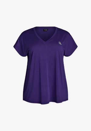 Paarse korte mouwen V-hals T-shirt met een klein wit driehoekig logo op de linkerborst, afgebeeld tegen een witte achtergrond.