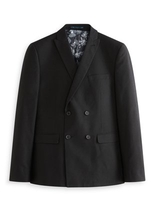 Fekete, dupla gombos zakó, slim fit, sima anyagból készült. Virágmintás bélése és egyetlen mellzsebe van.