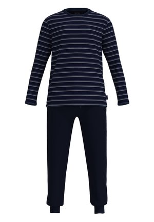Dunkelblaues Pyjama-Set mit langärmeligem Oberteil, das dünne horizontale weiße Streifen aufweist, und einfarbige dunkelblaue Hosen mit umgeschlagenen Bündchen an den Knöcheln.