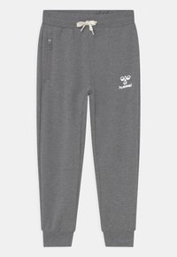 Gray sweatpants in a soft fabric with a comfortable waistband, adjustable drawstring, side zipper pocket, and white logo detail.