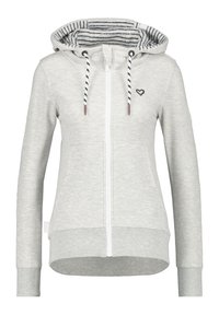 Jasnoszara bluza na zamek z kapturem wyściełanym w paski, ozdobiona sznurkami i ściągaczami na mankietach. Na piersi znajduje się małe logo w kształcie serca.
