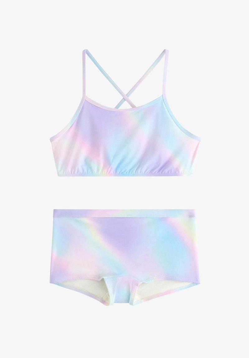 Dwuczęściowy strój kąpielowy z pastelowym wzorem tie-dye w kolorze tęczy, wykonany z elastycznego, gładkiego materiału z cienkimi regulowanymi ramiączkami.