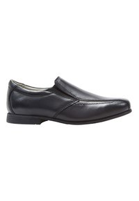 Chaussure noire en cuir à enfiler avec une finition lisse, bout arrondi et détails de couture subtils. Talon en caoutchouc bas pour le confort et la stabilité.