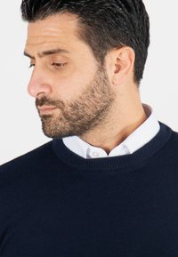 Un pull en tricot bleu marine avec un col rond, porté par-dessus une chemise blanche à col. Il présente une texture lisse et une silhouette ajustée.