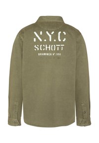 Olive green shirt with a collar, long sleeves, and button cuffs. Back features white printed text: "N.Y.C. SCHOTT DRAWNER N°358 SPEC 8512-MS".