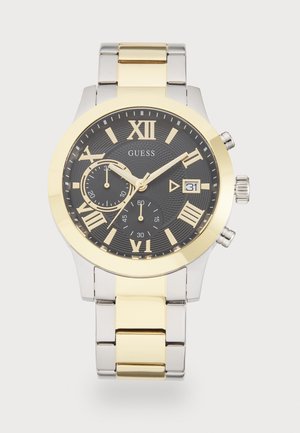 Silver and gold stainless steel watch with a black textured dial, Roman numerals, date display, and two sub-dials.