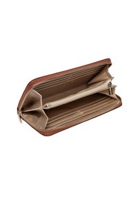 Portafoglio in pelle marrone con chiusura a zip, con interni beige, diverse fessure per carte e un compartimento per monete con cerniera.