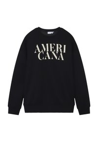 Sweatshirt noir avec un grand texte crème portant le mot "AMERICANA" sur le devant. Tissu lisse, col rond et poignets côtelés.