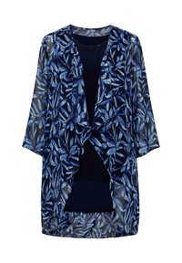 Kimono fluido di colore blu navy realizzato in tessuto trasparente, con un motivo a foglia in diverse sfumature di blu. Design aperto sul davanti e maniche a tre quarti.