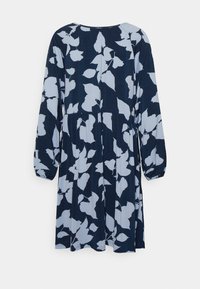 Vestido azul-marinho com estampa floral em azul-claro. Apresenta mangas longas, decote redondo e um design de cintura franzida.