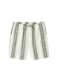 Shorts rayés en crème clair et gris, fabriqués à partir d'un tissu doux. Ils sont dotés d'une ceinture élastique avec cordon de serrage et de poches latérales.