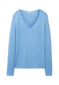 Helles blaues Langarmoberteil mit tiefem V-Ausschnitt, einfacher Strickstruktur und Größenetikett "S" auf weißem Hintergrund.