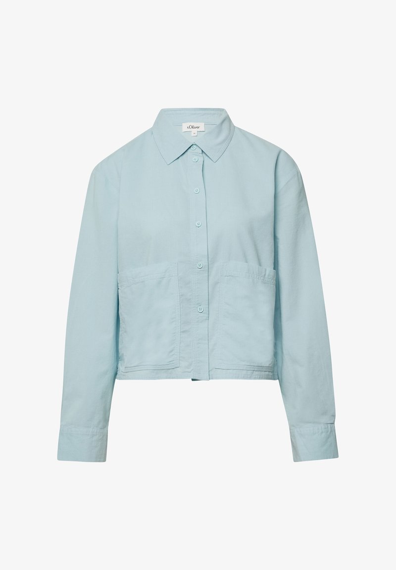 Lichtblauwe blouse met lange mouwen, knoopsluiting en kraag, voorzien van twee grote voorkruiven, cropped fit, van het merk s.Oliver.