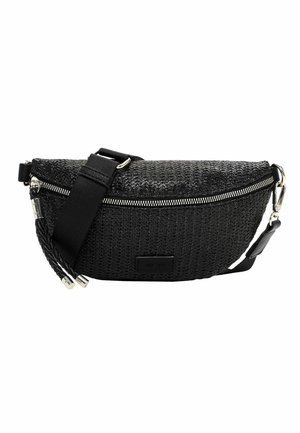 Black woven fabric waist bag with a wide adjustable strap, zipper closure, and silver-tone hardware details.