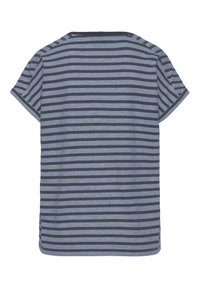 Kortärmad t-shirt med horisontella grå och marinblå ränder, rund halsringning, mjukt bomullsmaterial och en avslappnad passform.