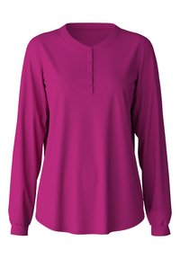 Langsleeve shirt in fuchsia, met een Henley-halslijn met drie knopen en elastische manchetten aan de mouwen. Gemaakt van zacht, glad materiaal.