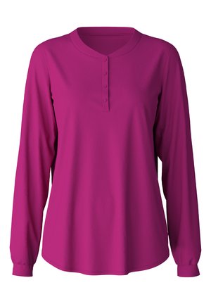 Chemise à manches longues en fuchsia, avec un col Henley à trois boutons et des poignets élastiques aux manches. Fabriquée en tissu doux et lisse.