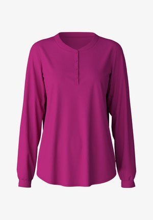 Langsleeve shirt in fuchsia, met een Henley-halslijn met drie knopen en elastische manchetten aan de mouwen. Gemaakt van zacht, glad materiaal.