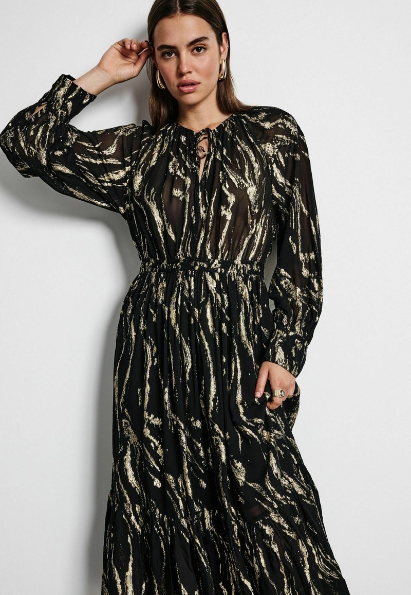 Next REGULAR FIT - LONG SLEEVE MIDI BOHO TIER - Maxi dress - black gold/gold-coloured  - Zalando