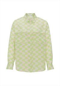 Long-sleeve button-up shirt with light green and beige wavy pattern, two chest pockets, and classic collar.
