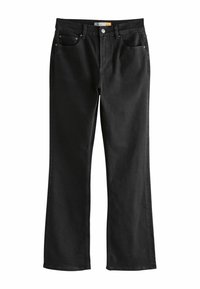 Mustmustest denim püksid sirge jala disainiga, viie tasku stiil ja eest nö�öpidega sulgemine. Sile tekstuur ja minimaalne pleekimine.