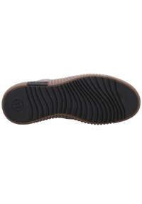 Semelle de chaussure en caoutchouc noir avec un motif de semelle ondulé et un bord marron clair. Marquée de la taille "37" dans un design circulaire.