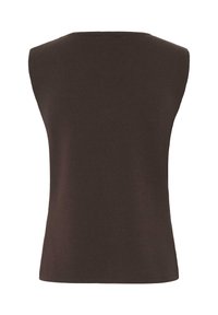 Gilet en tricot marron foncé sans manches avec un col rond et un ourlet droit.