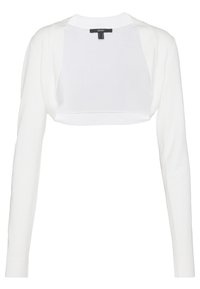 Weißer, kurzer Pullover mit langen Ärmeln und rundem Ausschnitt. Weicher Stoff mit glatter Textur, ausgestattet mit einem Ausschnitt auf der Rückseite.