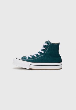 Hoge sneakers van teal canvas met witte veters, rubberen neuskap en contrasterende zwart-witte strepen op de zool.