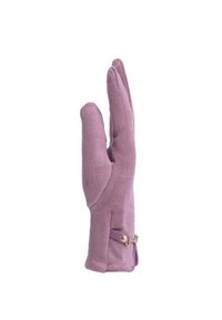 Guanto in tessuto viola con una consistenza morbida, caratterizzato da un design aderente, un accento in metallo dorato al polso e dita allungate.