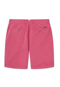 Roze katoenen shorts met een rechte snit, twee achterzakken met knoopsluiting en een merklabel op de rechter achterzak.