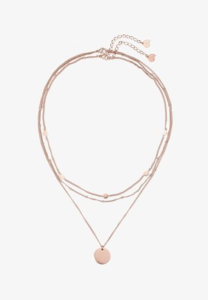 Meerdere lagen ketting met roségouden kettingen, ronde kralen en een grote ronde hanger in een minimalistisch ontwerp.