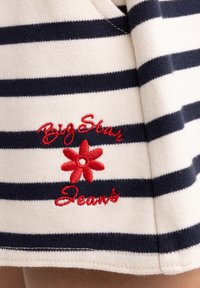 Pasiasta tkanina w kolorze kremowym i granatowym z czerwonym haftem "Big Star Jeans" oraz czerwonym wzorem kwiatu w pobliżu dołu.