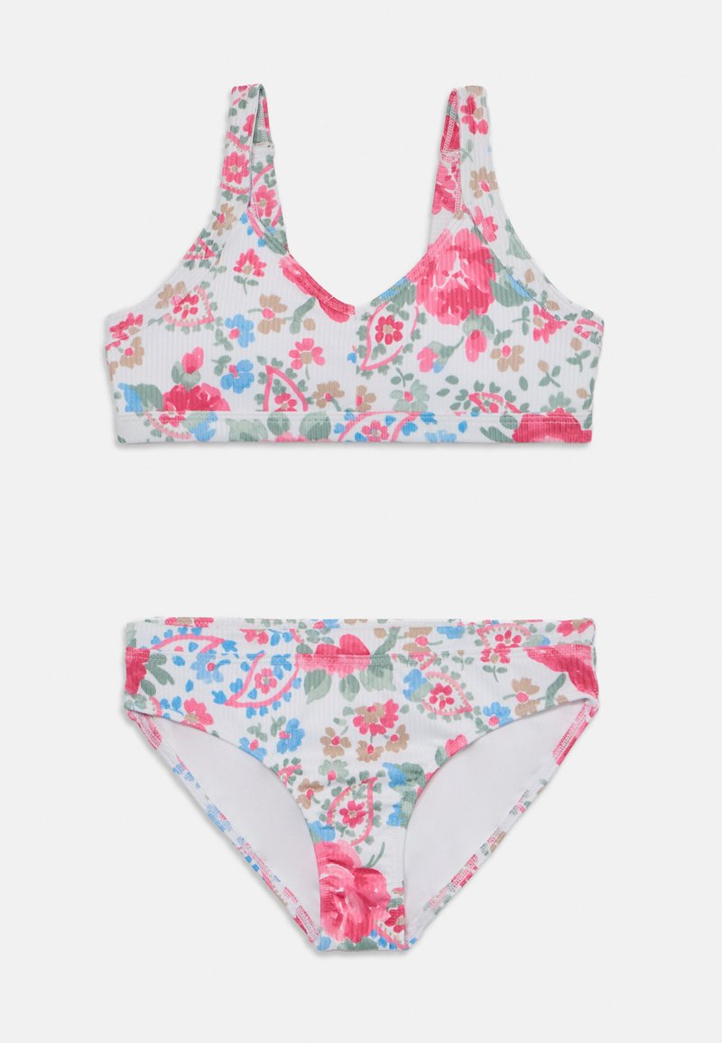Blumenbikini-Set mit gerippter Textur. Das Oberteil hat ein V-Ausschnitt-Design mit breiten Trägern, und die Unterteile sind im klassischen Hipster-Stil.