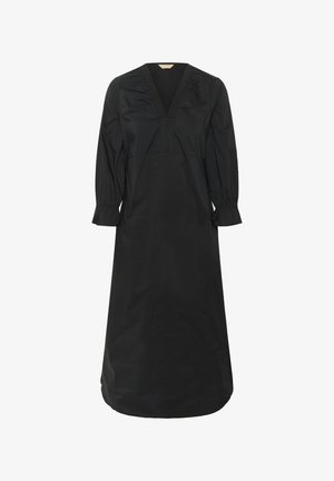 Black dress made of a smooth fabric, featuring a V-neck, three-quarter sleeves with ruffled cuffs, and a loose, flowing silhouette.