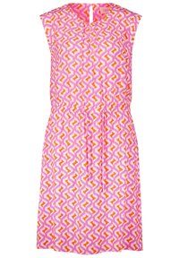 Robe sans manches rose avec un motif géométrique en zigzag orange et blanc, dotée d'une taille élastique et d'un détail en goutte d'eau au dos.