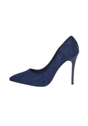 Décolleté in suede blu navy con tacco alto, punta affilata e silhouette elegante. Presenta una finitura liscia e un sottile tacco a stiletto.