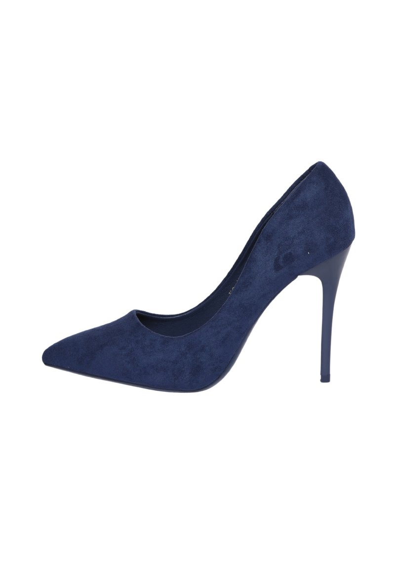Décolleté in suede blu navy con tacco alto, punta affilata e silhouette elegante. Presenta una finitura liscia e un sottile tacco a stiletto.