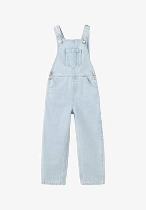 Lyseblå denim-overalls med firkantet bøjle, justerbare skulderstropper, knaplukninger og forlommer. Straight ben-design med minimal slid.