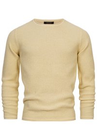 Maglione giallo a maglia con un motivo testurizzato, collo a giro e maniche lunghe. Presenta polsini e orlo a costine per un look aderente.