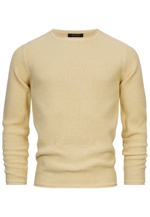 Gelber Strickpullover mit strukturiertem Muster, Rundhalsausschnitt und langen Ärmeln. Verfügt über gerippte Bündchen und Saum für eine figurbetonte Passform.