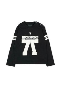Czarna bawełniana koszula z długim rękawem, z dużym białym nadrukiem "RICHMOND" oraz wzorem numerycznym. Dwa białe paski na każdym rękawie.