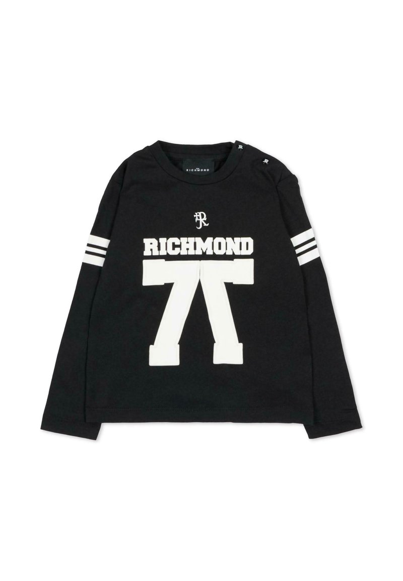 Czarna bawełniana koszula z długim rękawem, z dużym białym nadrukiem "RICHMOND" oraz wzorem numerycznym. Dwa białe paski na każdym rękawie.