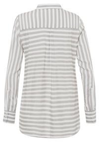Stribet bluse med lange ærmer i lysegrå og hvid, med en knap-ned krave, manchetter og en rund afslutning med rygstykke.