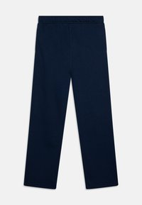 Mörkblå byxor med elastisk midja och rak benform, tillverkade av bomull, med en slät textur och utan synliga mönster.
